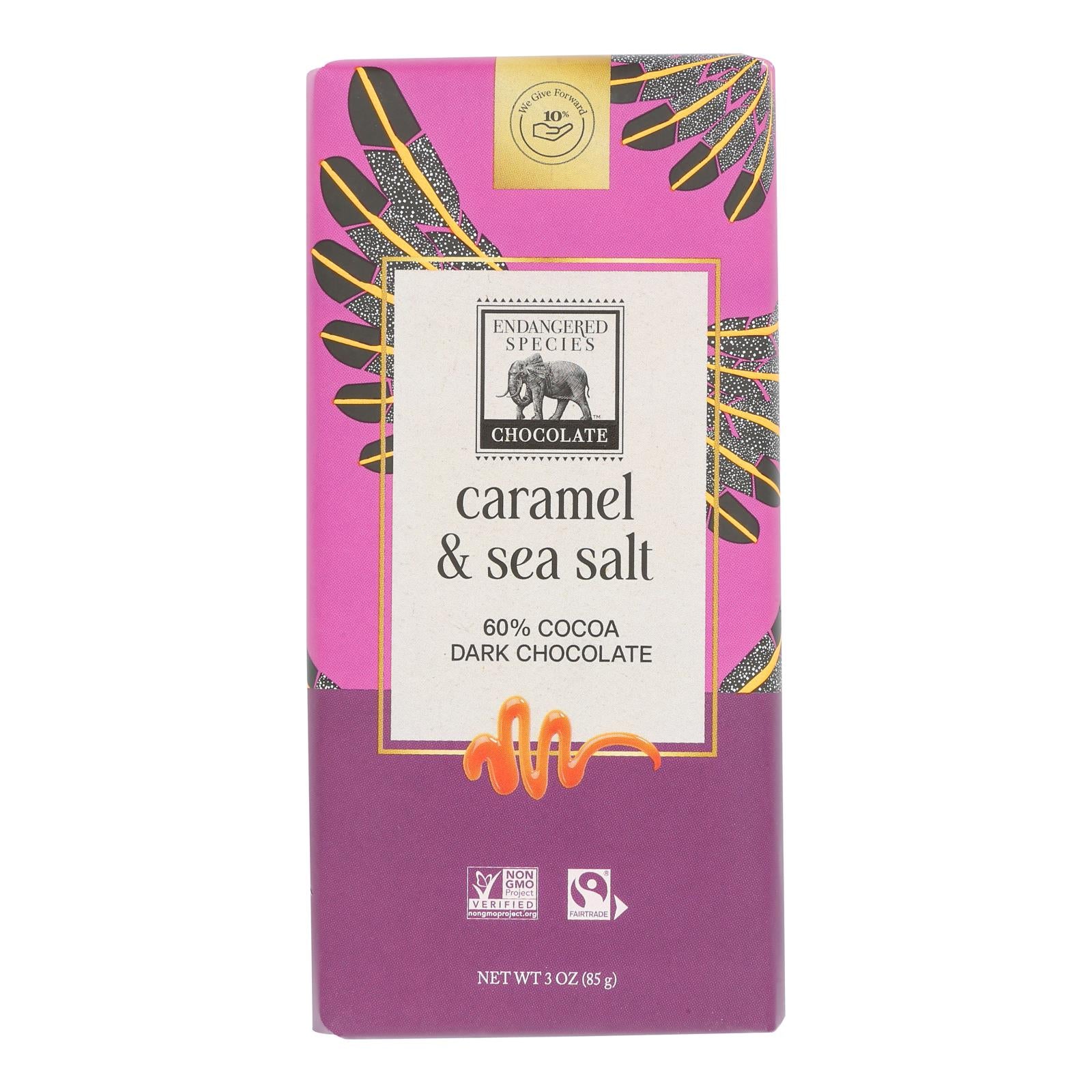Endangered Species Chocolate Bar - Dark Chocolate - Caramel - Sea Salt - 3 oz - Case of 12