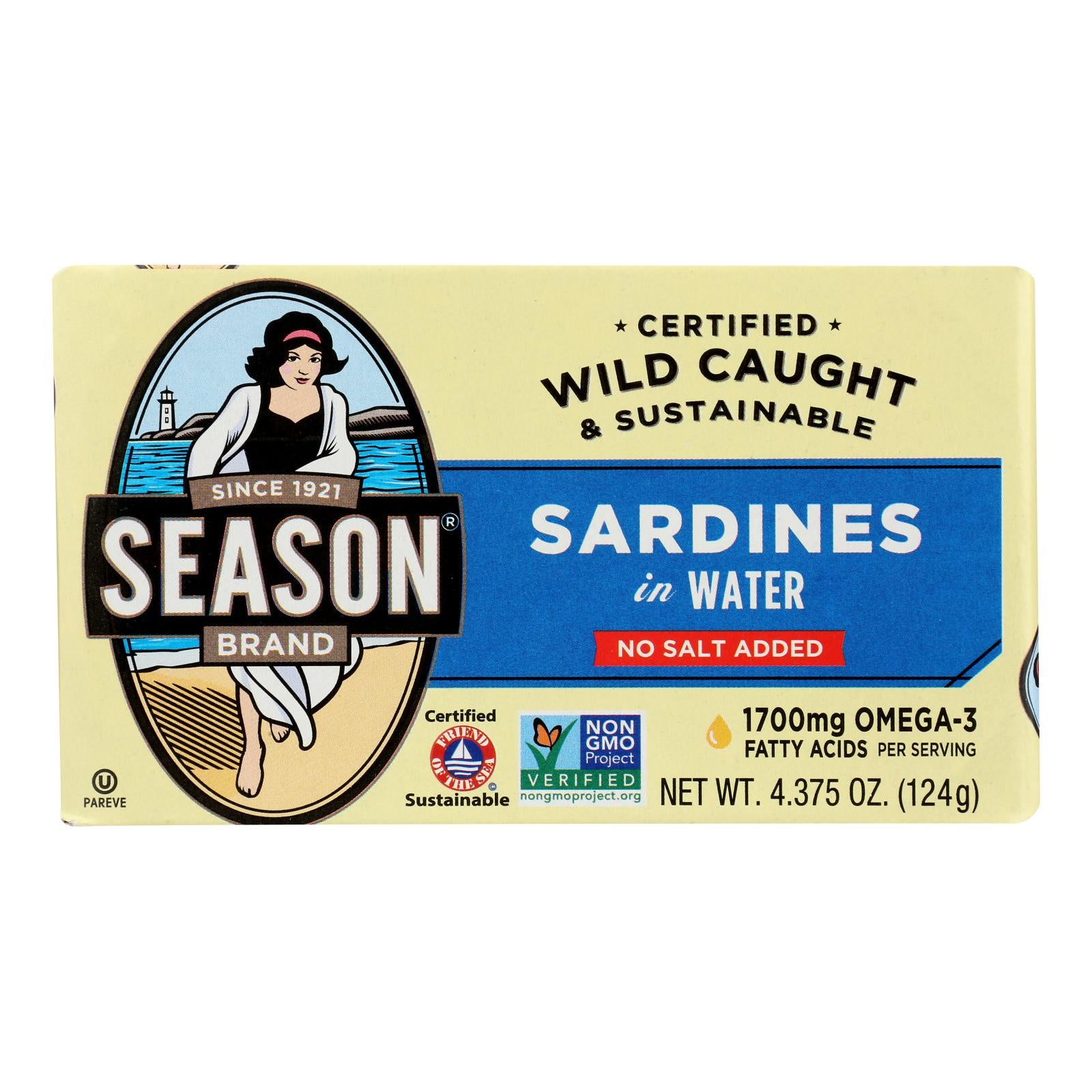 Season Brand Sardines In Water - No Salt Added - Case Of 12 - 4.375 Oz.