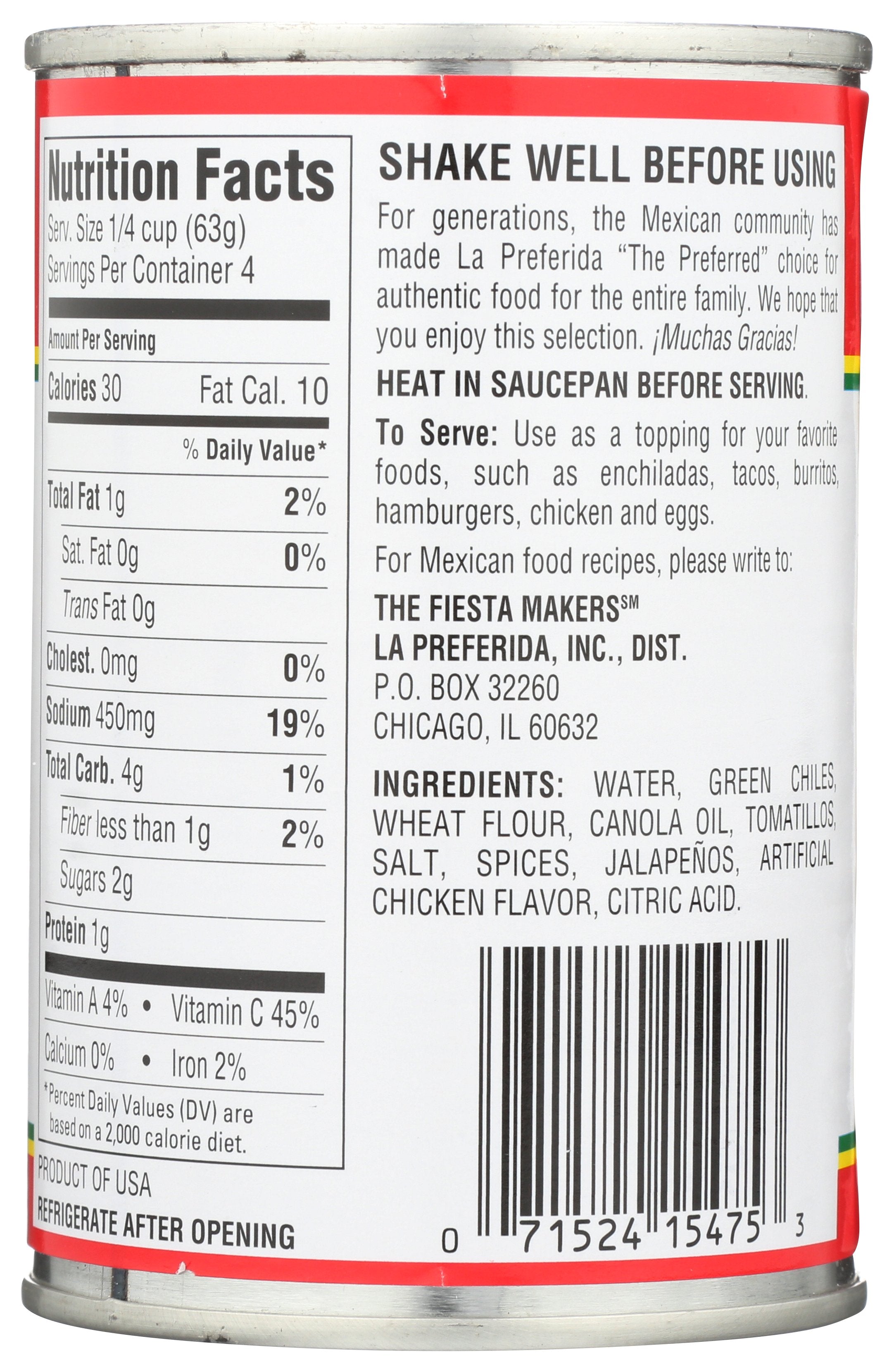 LA PREFERIDA SAUCE ENCHILADA GRN CHILI - Case of 12