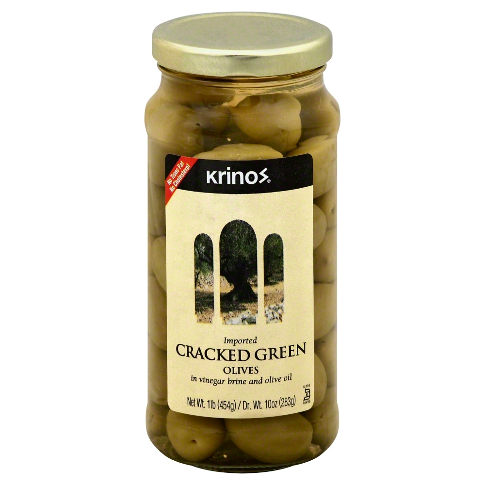 Krinos Green Cracked Olives - Case of 6 - 16 oz