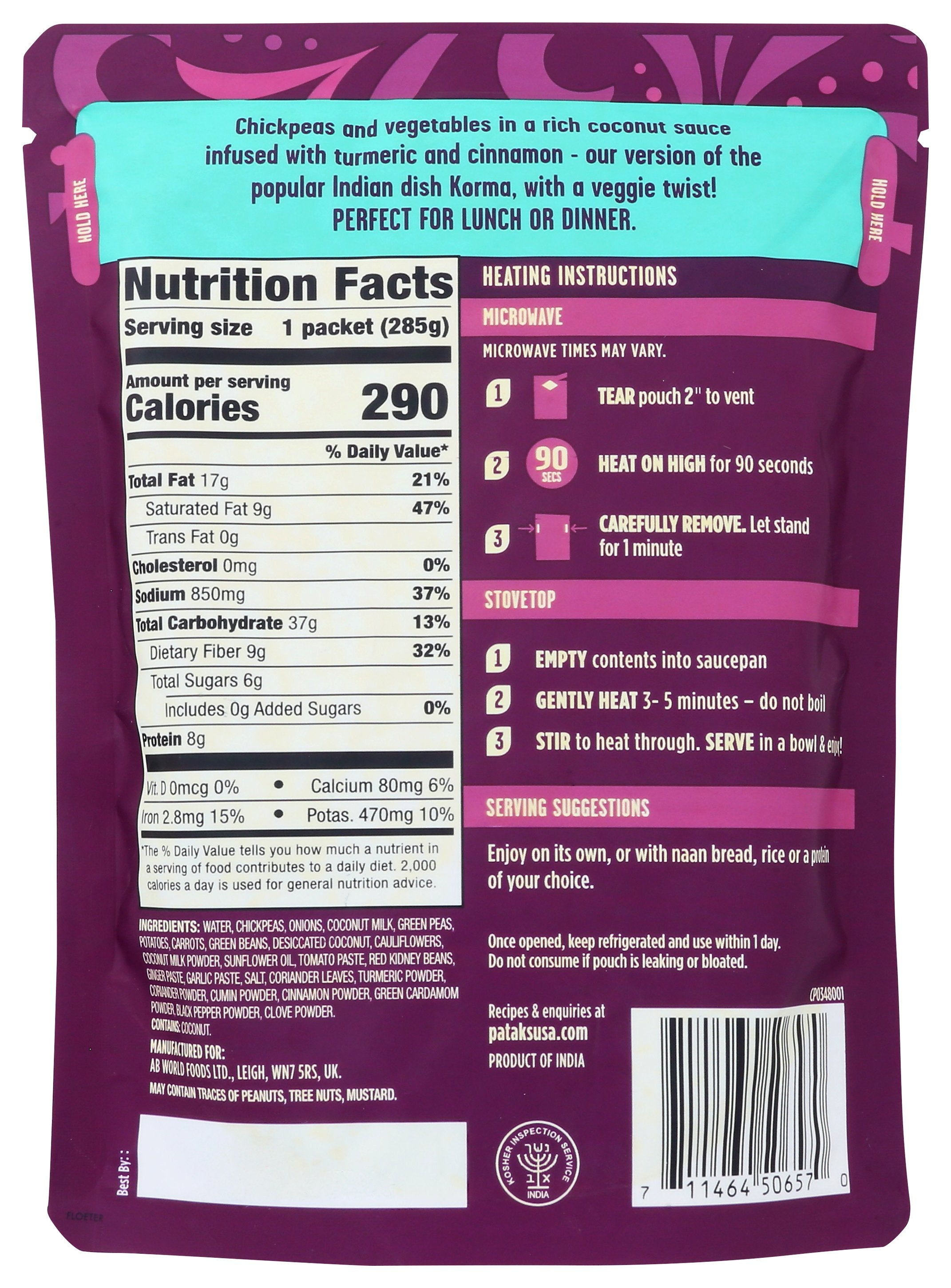 PATAKS MEAL RTE KORMA CHICKPEA - Case of 6