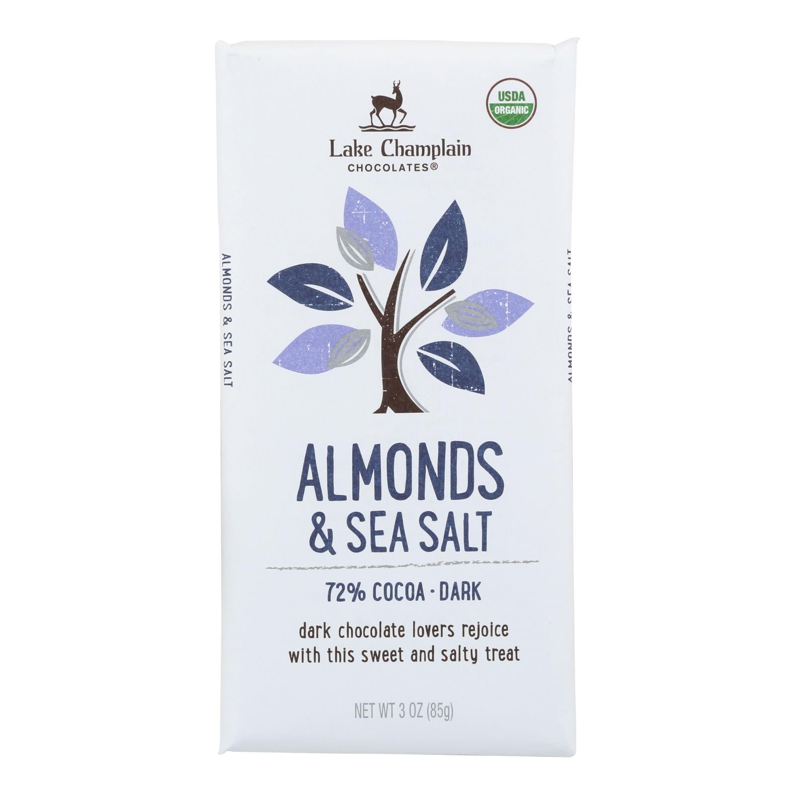 Lake Champlain Chocolates Chocolate Bar - Almonds & Sea Salt. 72% Cocoa Dark. - Case of 12 - 3 oz.
