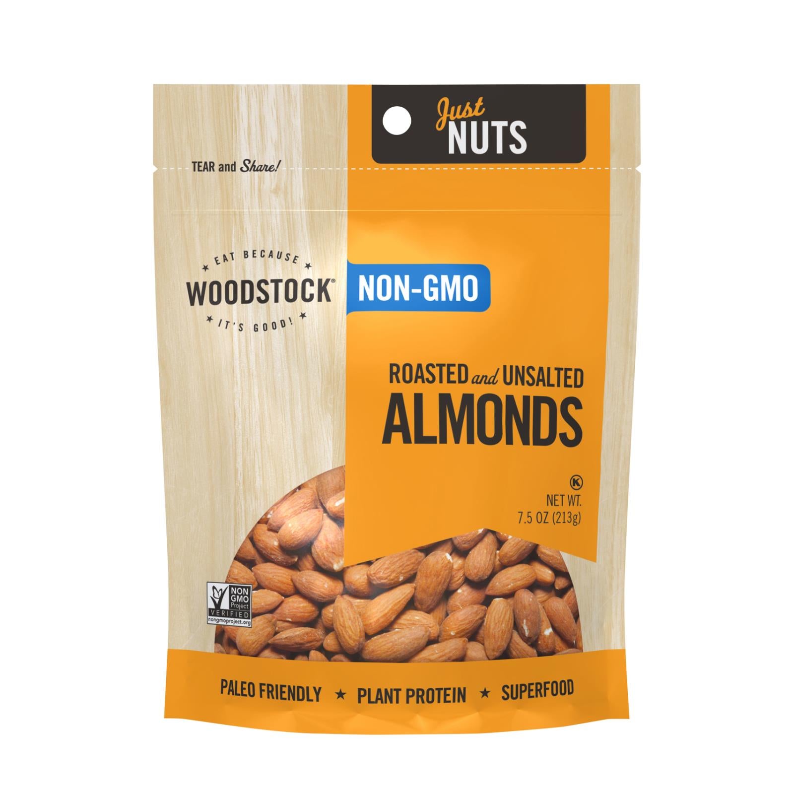 Woodstock Non-GMO Roasted Almonds, Unsalted - 8 Pack, 7.5 Oz