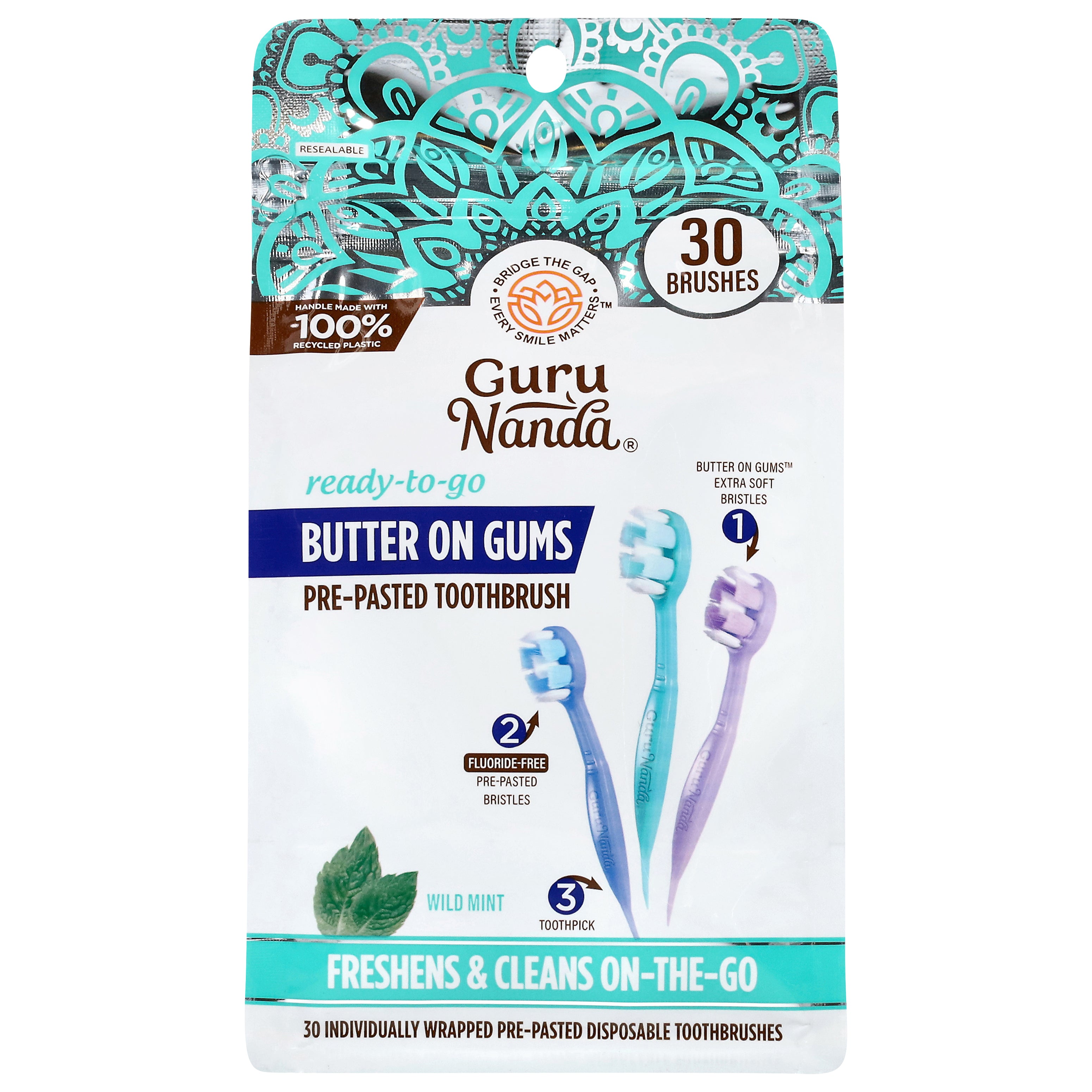 Guru Nanda Butter on Gums Pre-Pasted Wild Mint Toothbrush 30 Each - Case of 1