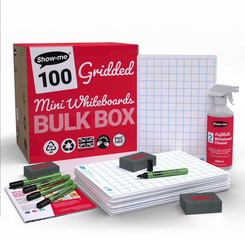 Bulk Box of 100 x Gridded/Plain 8" x 12" Lapboards, with Pens, Erasers, Cleaner