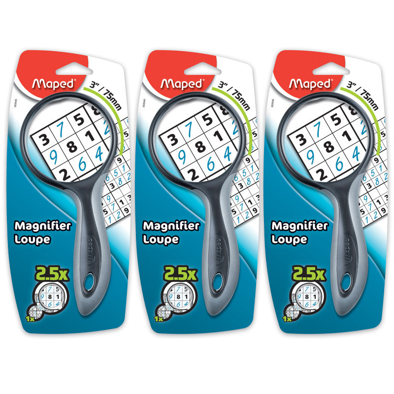 MAPED - Ergologic Large 2.5X Magnifying Glass, 3", Assorted Colors, Pack of 3
