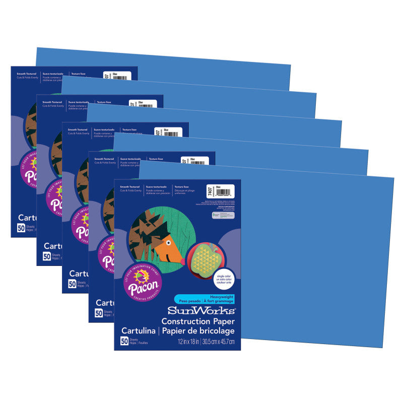 PRANG - Construction Paper, Blue, 12" x 18", 50 Sheets Per Pack, 5 Packs (PAC7407-5)