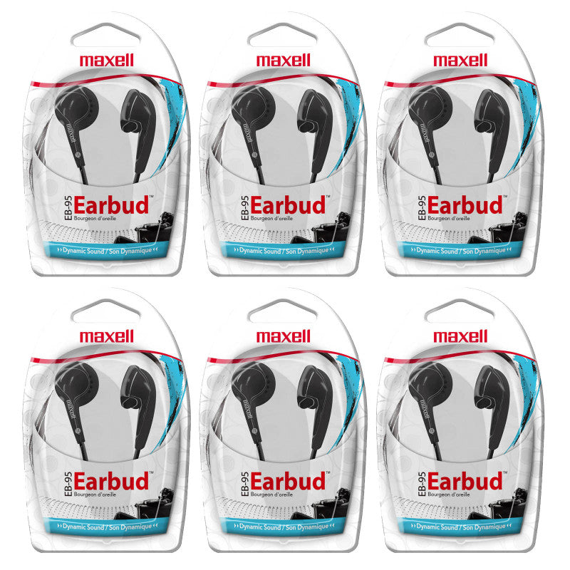 MAXELL - Budget Stereo Earbuds, Black, Pack of 6