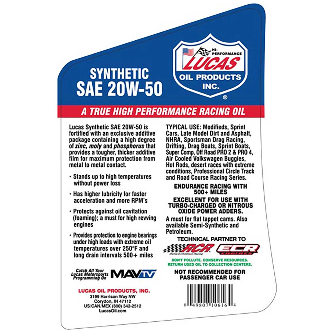 Lucas Oil Synthetic SAE 20W 50 Racing Motor Oil – 5 Quart