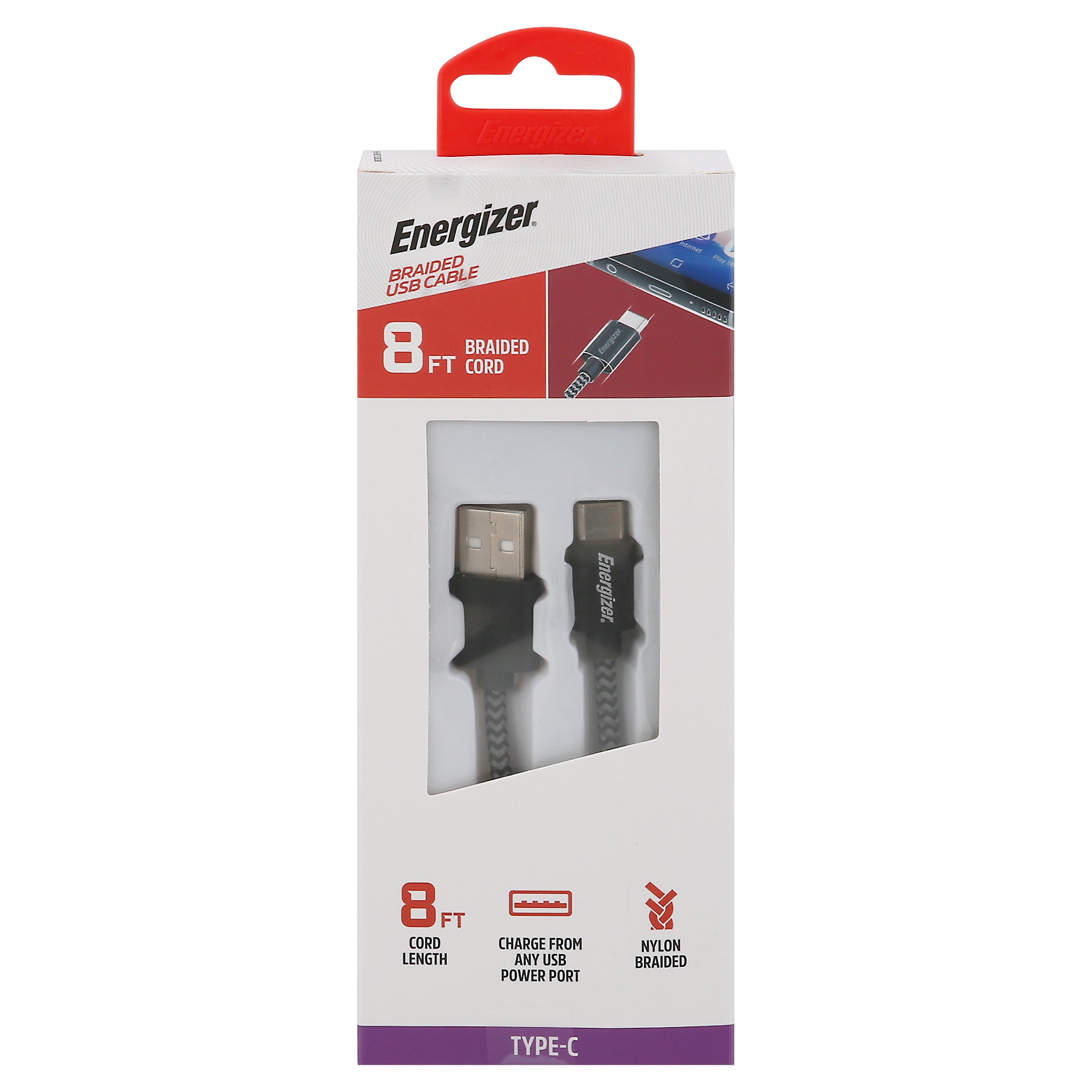 Energizer 8 ft Type-C Sync & Charge Nylon Braided USB Cable 1 ea - Case of 1