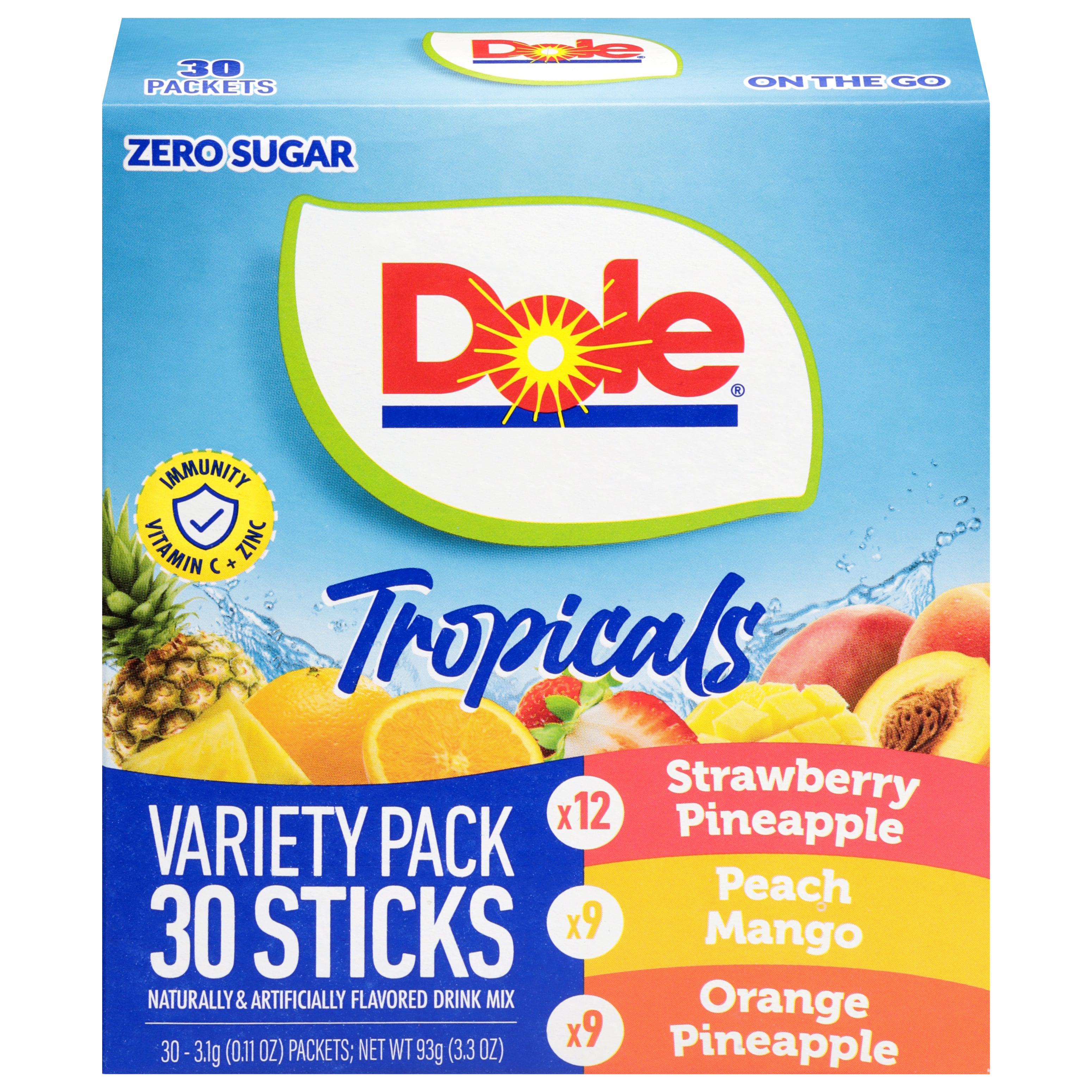 Dole Strawberry Pineapple/Peach Mango/Tropical Mango Drink Mix Variety Pack 30 - 0.11 oz Packets - Case of 6