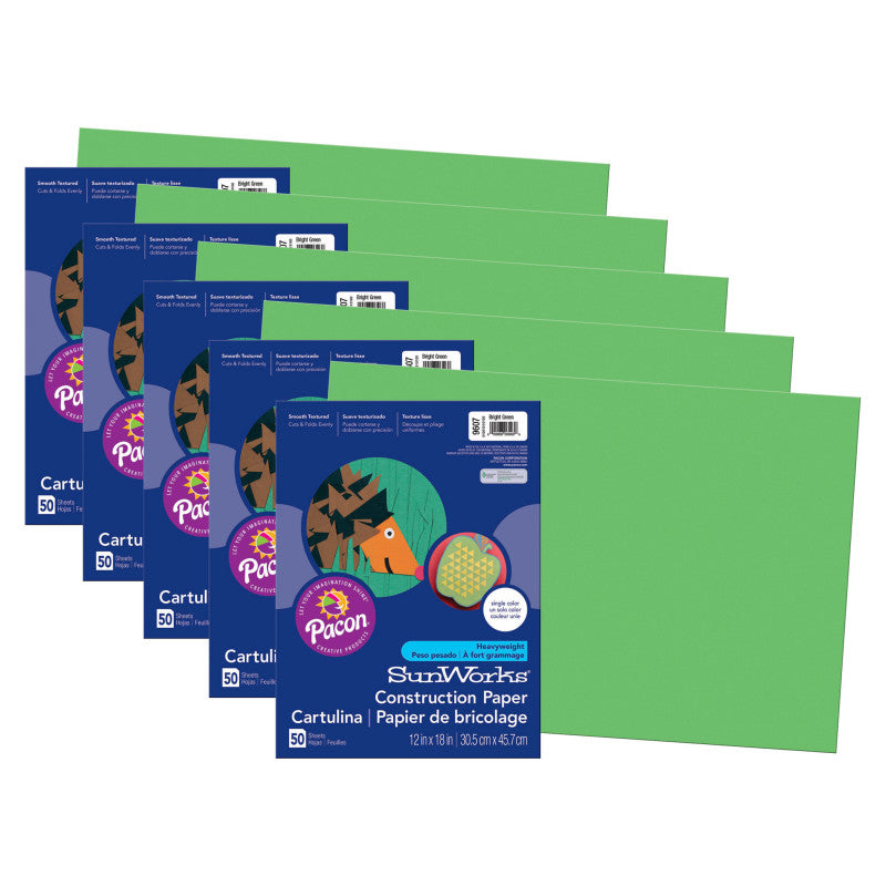 PRANG - Construction Paper, Bright Green, 12" x 18", 50 Sheets Per Pack, 5 Packs