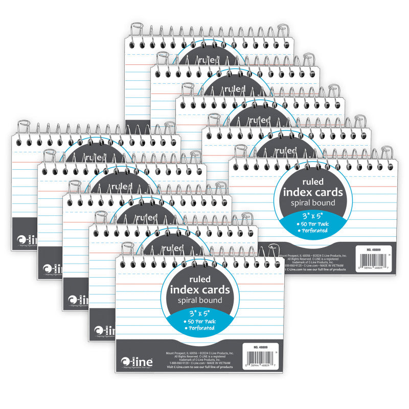 Spiral Bound Index Card Notebook, 3" x 5", 50 Cards, Ruled, Pack of 10