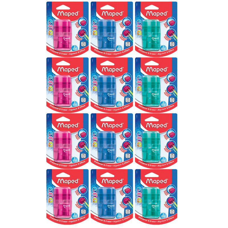 MAPED - Connect DUO 2 Hole Sharpener / Eraser Combo, Assorted Colors, Pack of 12