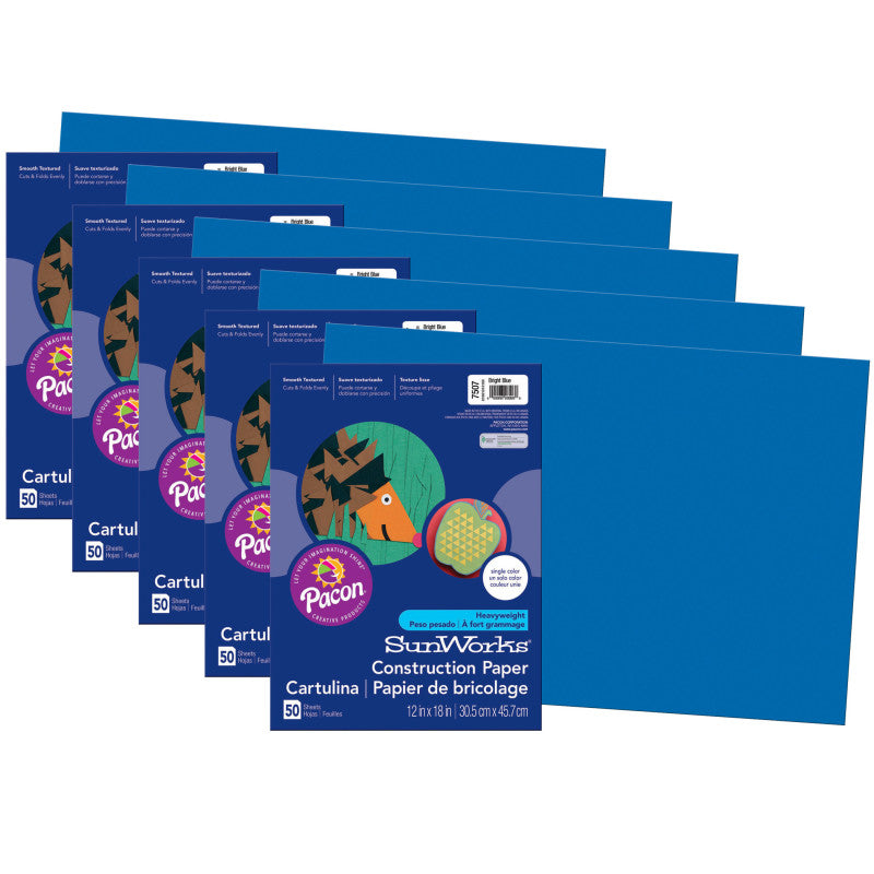 PRANG - Construction Paper, Bright Blue, 12" x 18", 50 Sheets Per Pack, 5 Packs