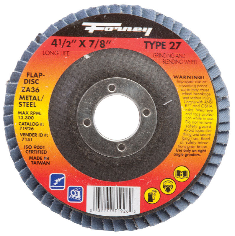 FORNEY - Forney 4-1/2 in. D X 7/8 in. Zirconia Aluminum Oxide Flap Disc 36 Grit 1 pc