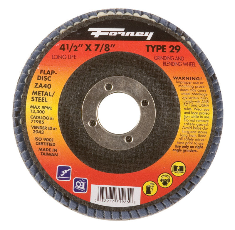 FORNEY - Forney 4-1/2 in. D X 7/8 in. Zirconia Aluminum Oxide Flap Disc 40 Grit 1 pc