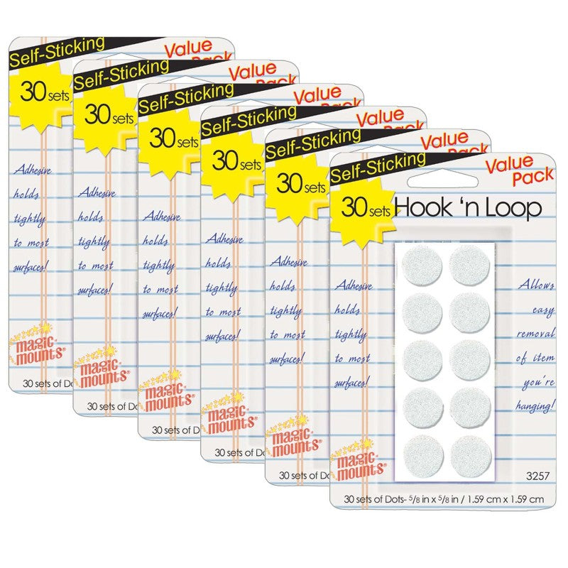 MAGIC-MOUNTS - Hook N Loop Dots, 5/8", White, 30 Per Pack, 6 Packs