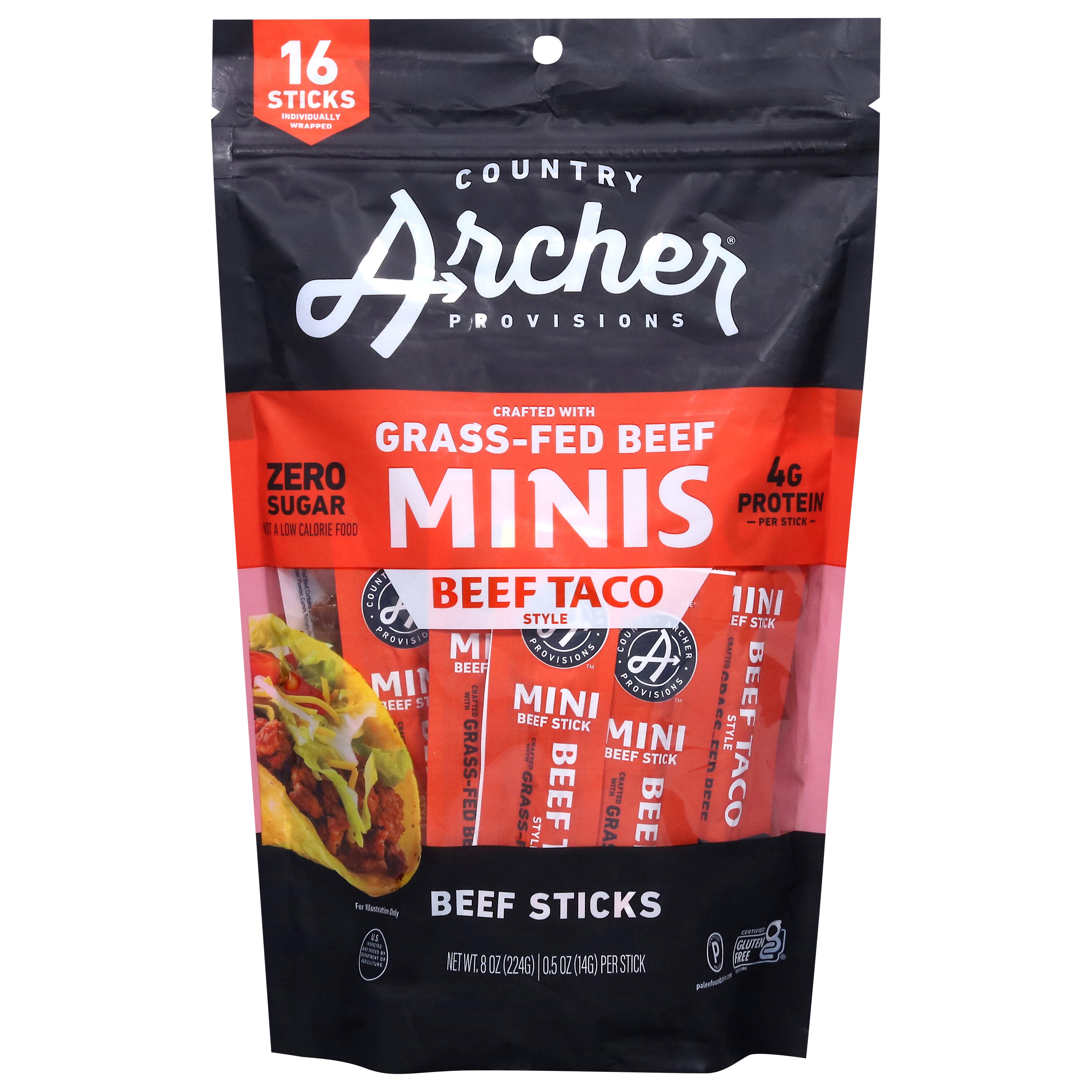 Country Archer Provisions Beef Taco Style Minis Beef Sticks 16 - 0.5 oz Sticks - Case of 6