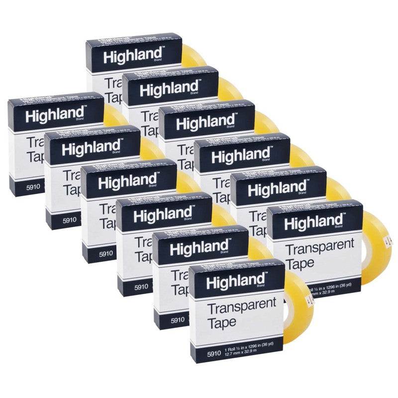 HIGHLAND - Transparent Tape, 1/2" x 1296" Per Roll, 1" Core, 12 Rolls