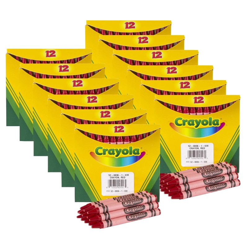 Single Color Bulk Crayons, Regular Size, Red, 12 Per Pack, 12 Packs