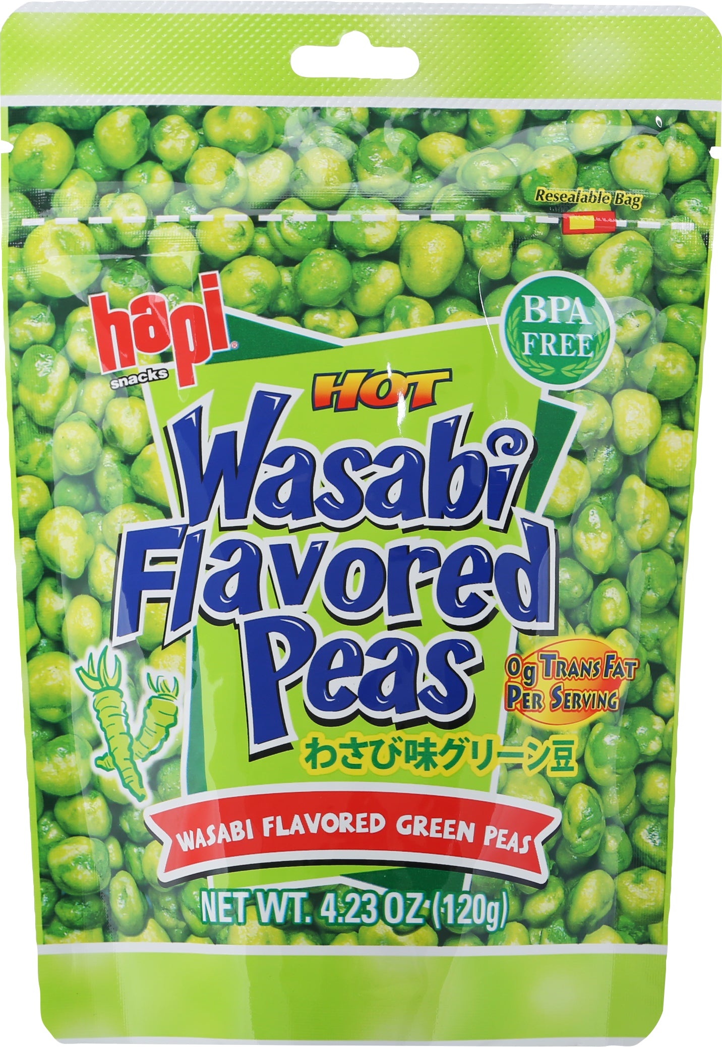Hapi Snacks Hot Wasabi Flavored Peas 4.23 oz - Case of 12
