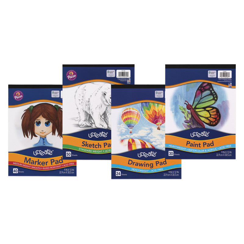Art Pad Bundle, 9" x 12", Sketch, Drawing, Paint, Marker, Set of 4