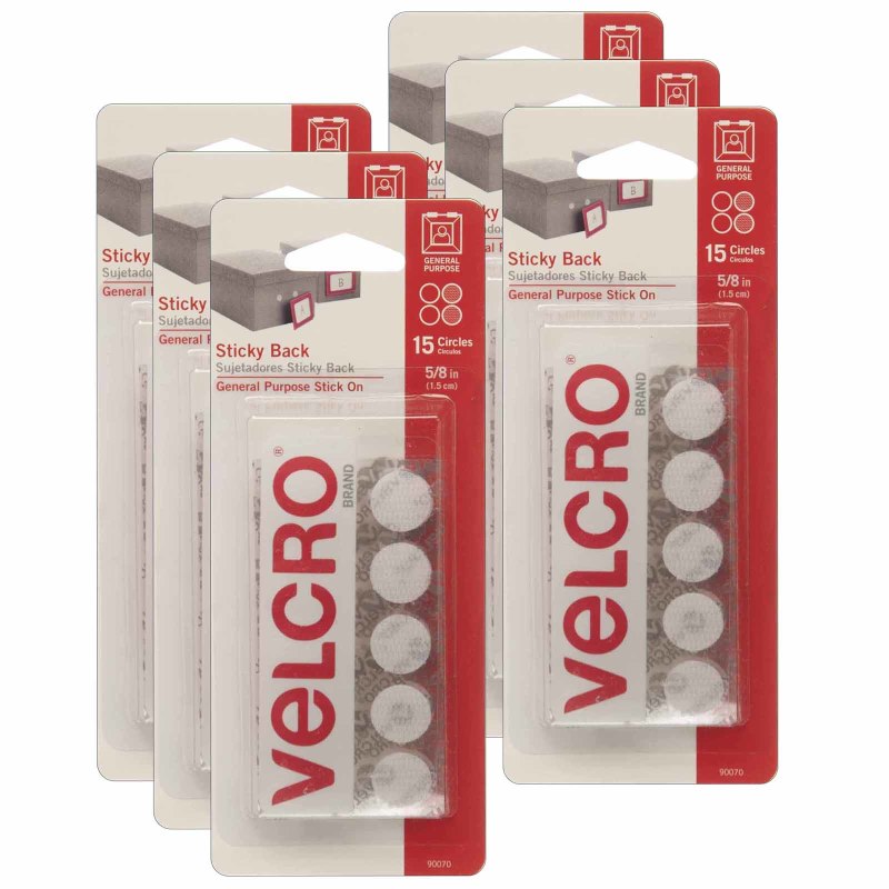 VELCRO - Sticky Back™ Round Fasteners, 0.63", White, 15 Per Pack, 6 Packs