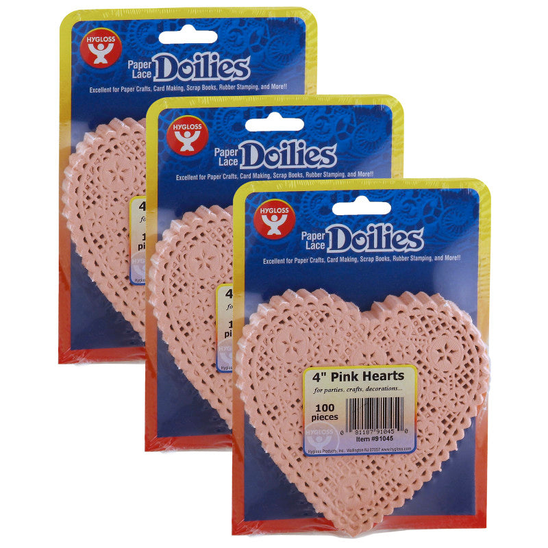 HYGLOSS - Heart Doilies, Pink, 4", 100 Per Pack, 3 Packs