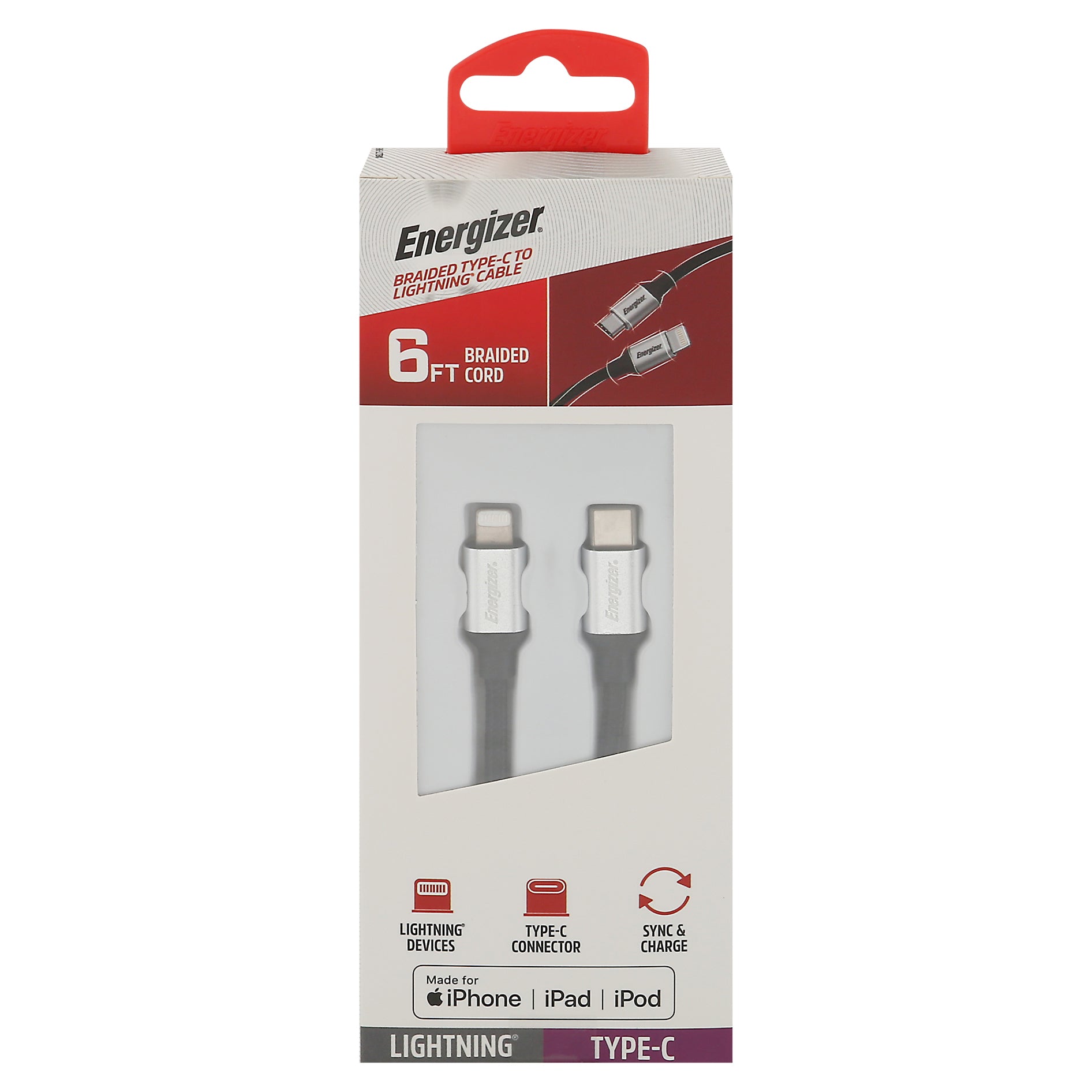 Energizer 6 Feet Braided Cord Type-C Lightning Cable 1 ea - Case of 6