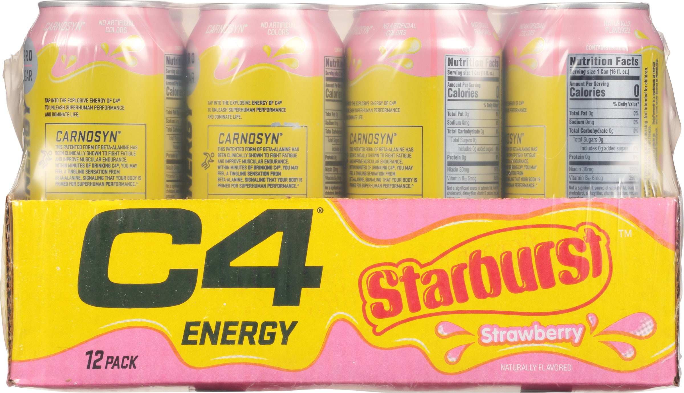 C4 Starburst 12 Pack Superhuman Performance Strawberry Energy Drink 12 - 16 fl oz Cans - Case of 12