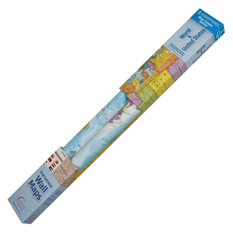 HEMISPHERES - Blue Ocean Series World/USA Laminated Wall Maps, 2-Pack