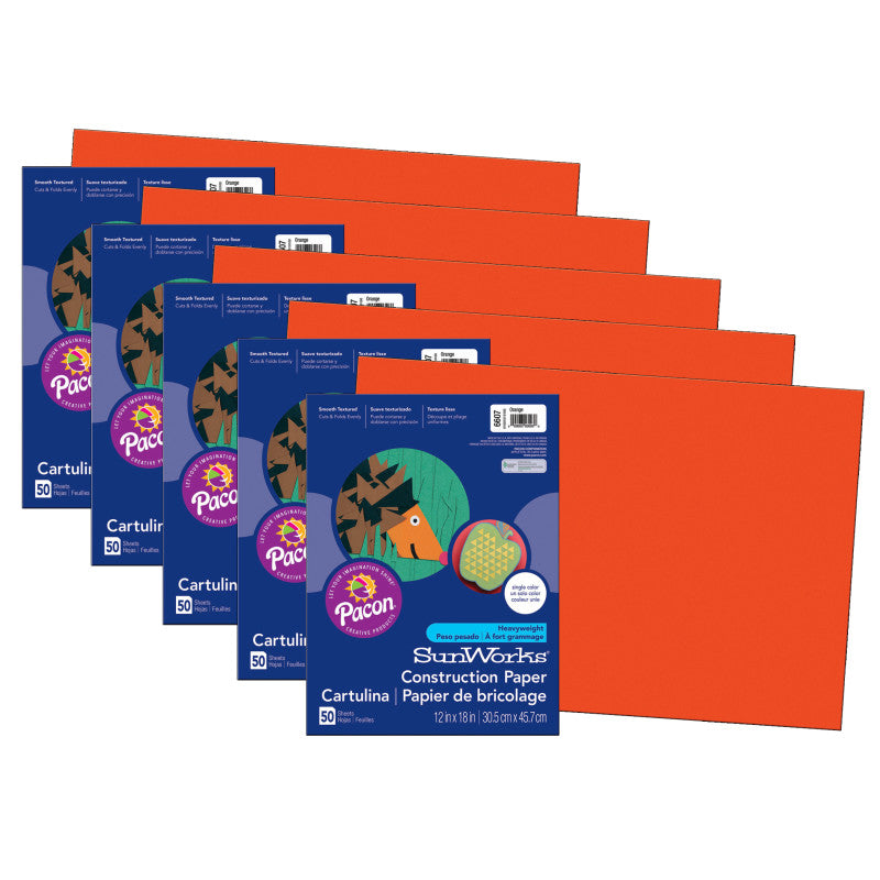 PRANG - Construction Paper, Orange, 12" x 18", 50 Sheets Per Pack, 5 Packs (PAC6607-5)