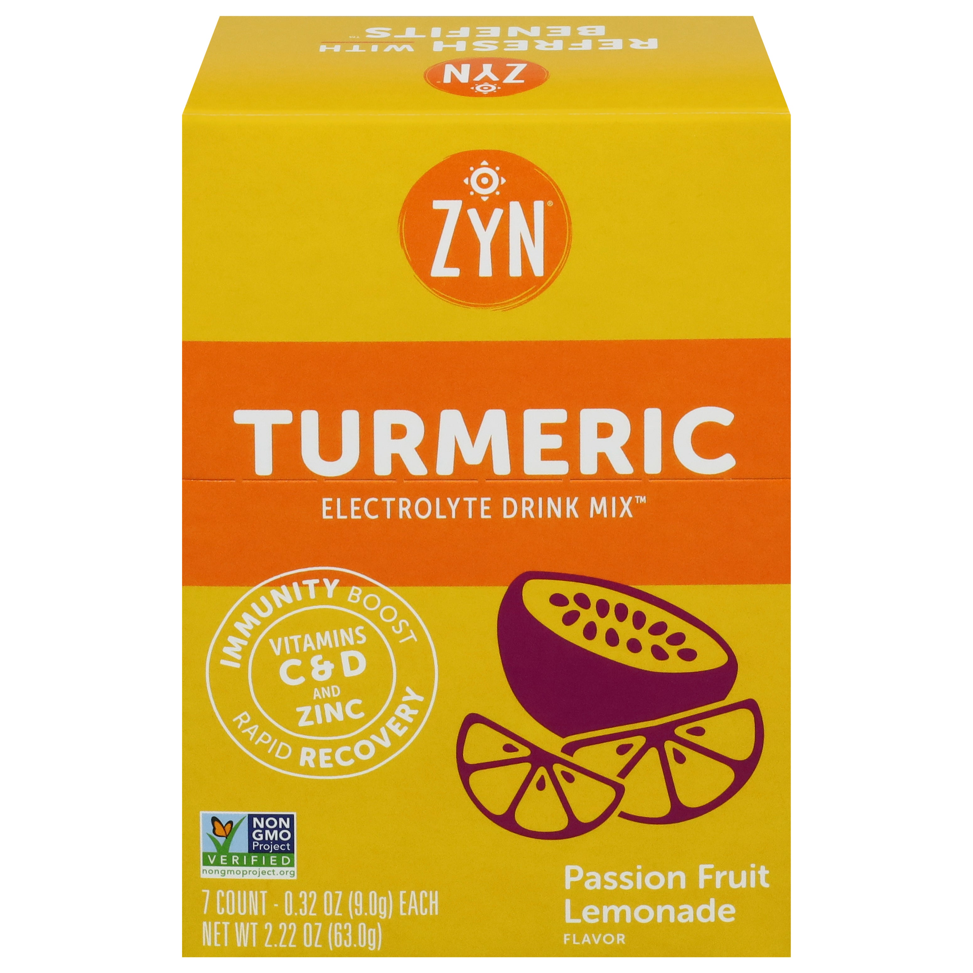 Zyn Turmeric Passion Fruit Lemonade Flavor Electrolyte Drink Mix 7 - 0.32 oz Packs - Case of 8