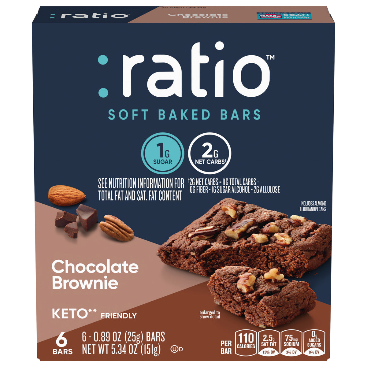 Ratio Soft Baked Bars, Chocolate Brownie, 1g Sugar, Keto Friendly, 5.34 OZ (6 Bars) - Case of 8