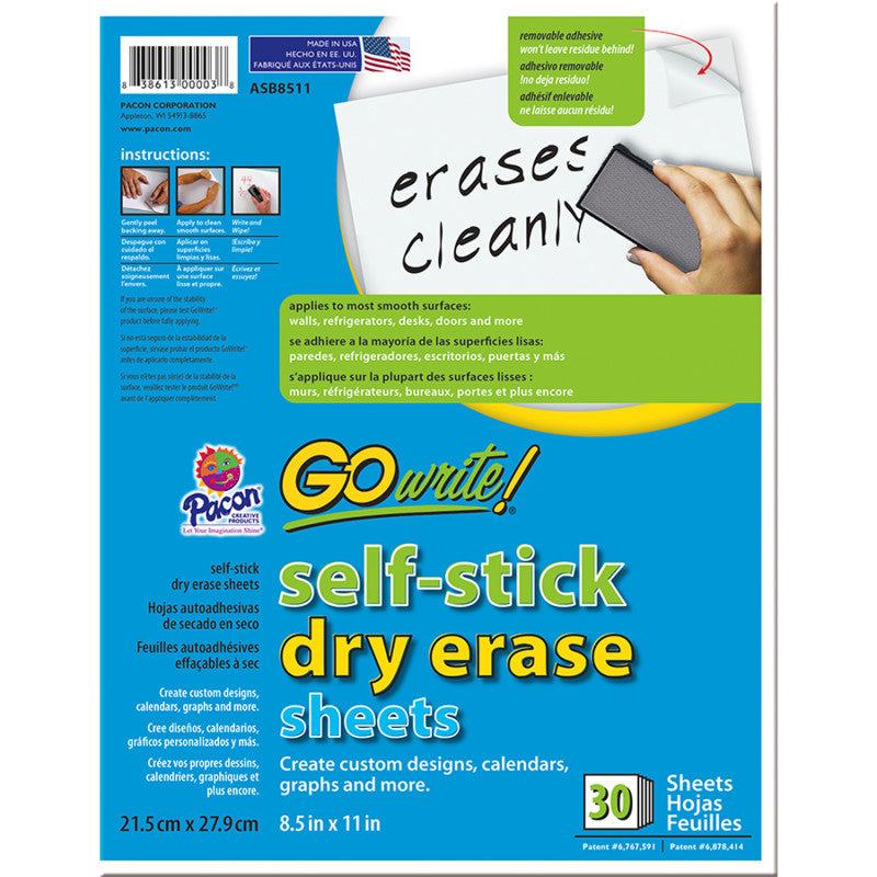 ARRAY - Dry Erase Sheets, Self-Adhesive, White, 8-1/2" x 11", 30 Sheets