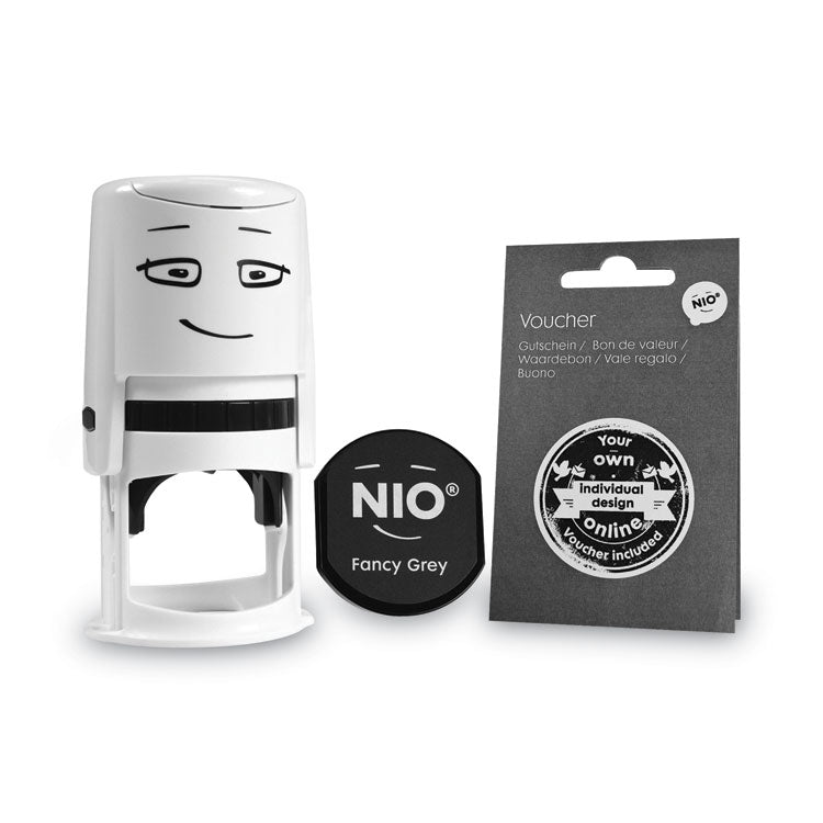 NIO - Stamp with Voucher and Fancy Gray Ink Pad, Self-Inking, 1.56" Diameter
