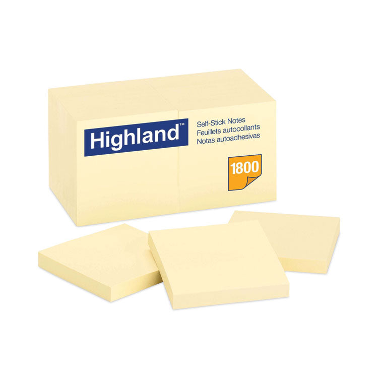 Highland - Self-Stick Notes, 3" x 3", Yellow, 100 Sheets/Pad, 18 Pads/Pack