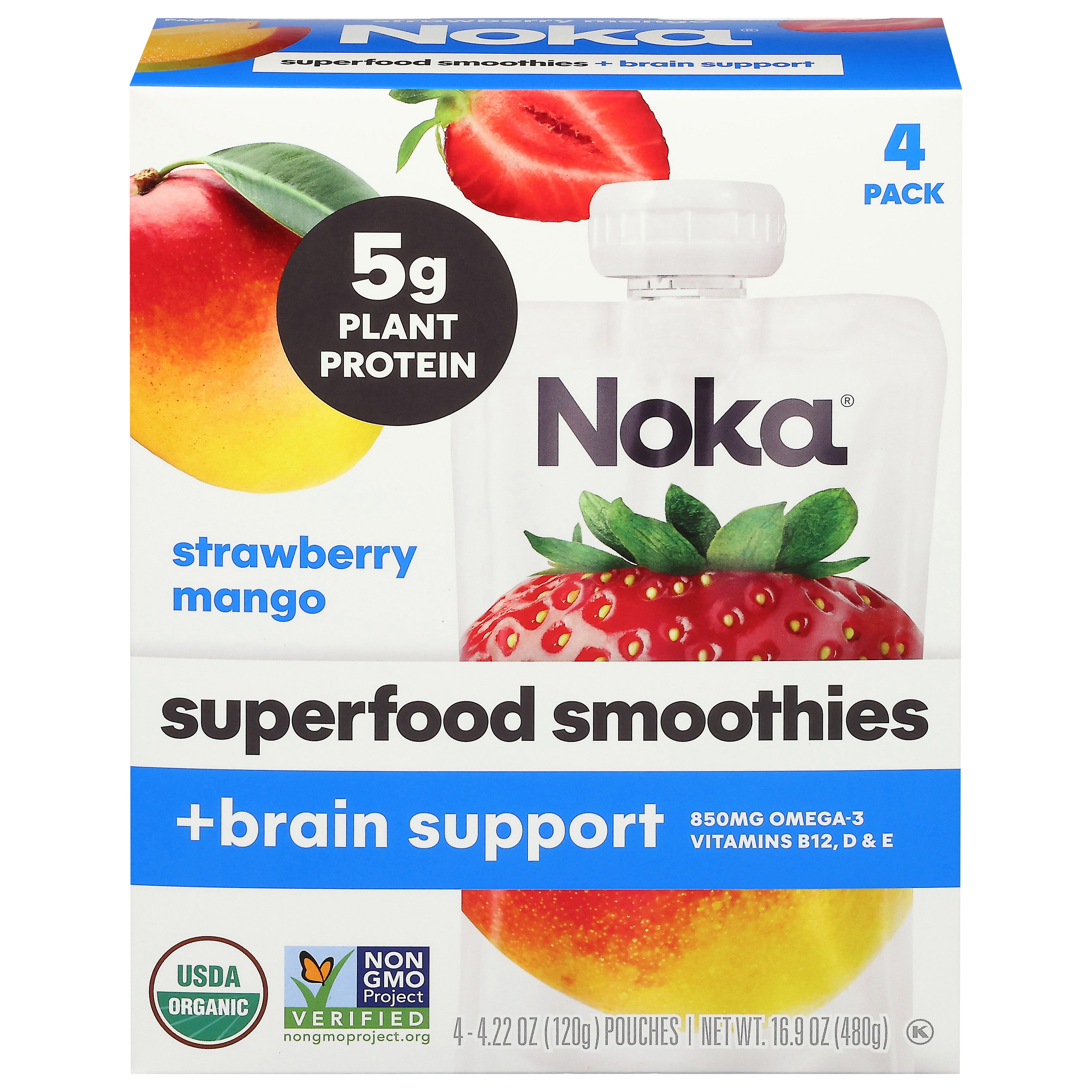 Noka + Brain Support Strawberry Mango Superfood Smoothies 4 - 4.22 oz Pouches - Case of 6