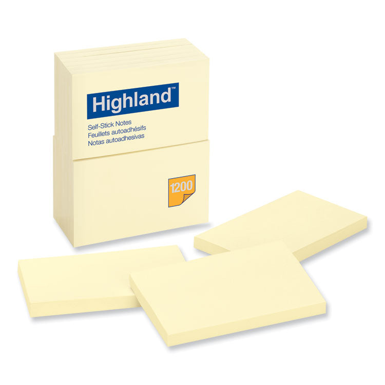 Highland - Self-Stick Notes, 3" x 5", Yellow, 100 Sheets/Pad, 12 Pads/Pack