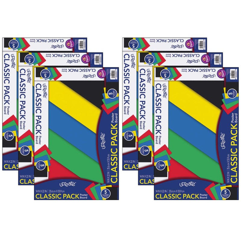 UCREATE - Poster Board, 5 Assorted Primary Colors, 14" x 22", 5 Sheets Per Pack, 6 Packs