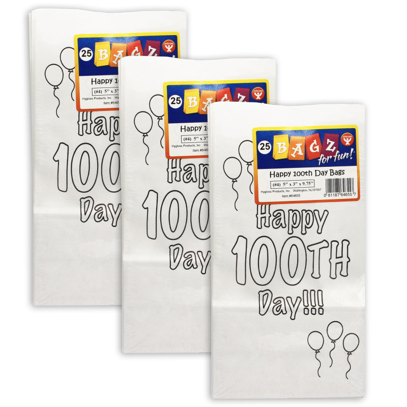 HYGLOSS - Happy 100th Day Paper Bags, 25 Per Pack, 3 Packs