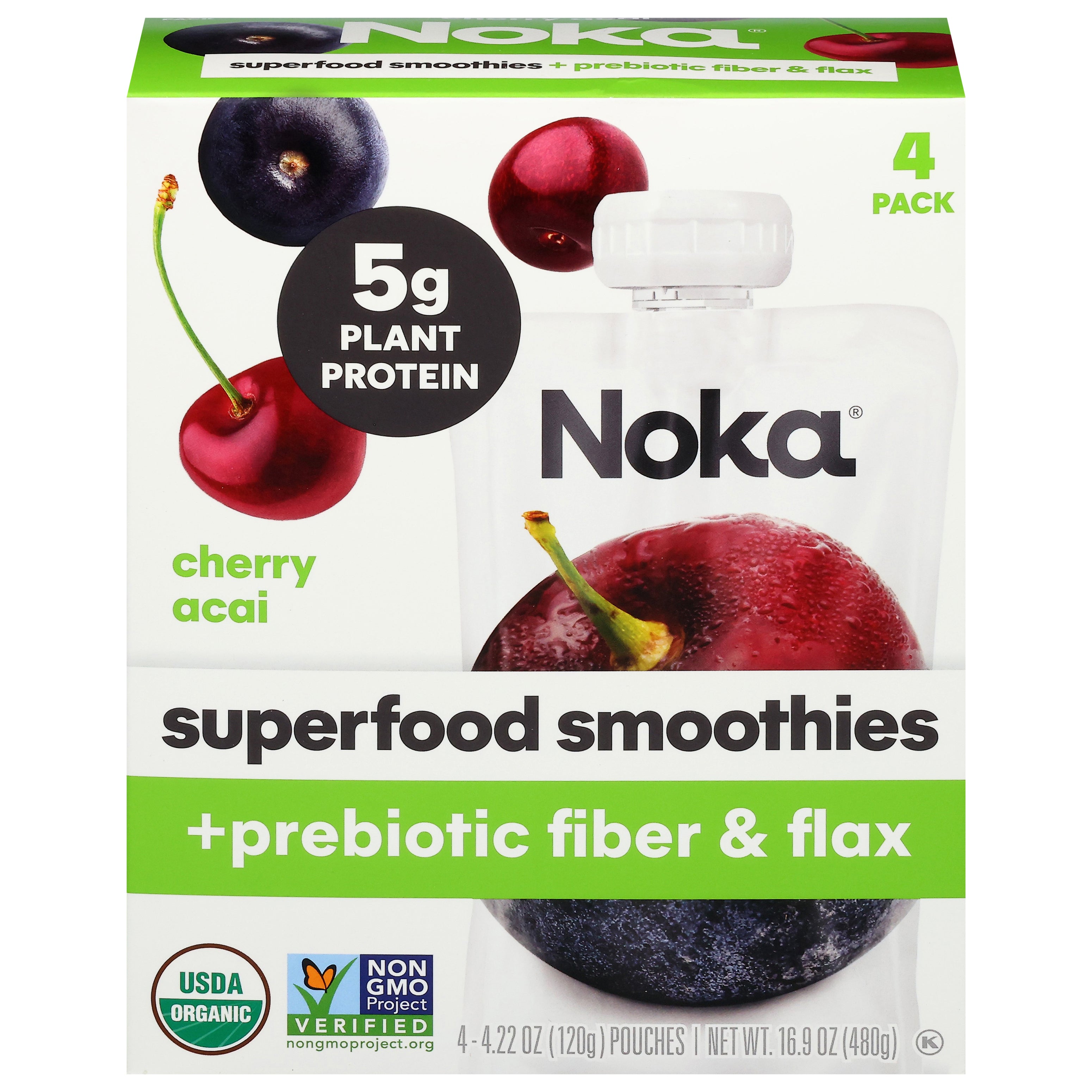 Noka Cherry Acai Superfood Smoothies +Prebiotic Fiber & Flax 4 - 4.22 oz Pouches - Case of 6