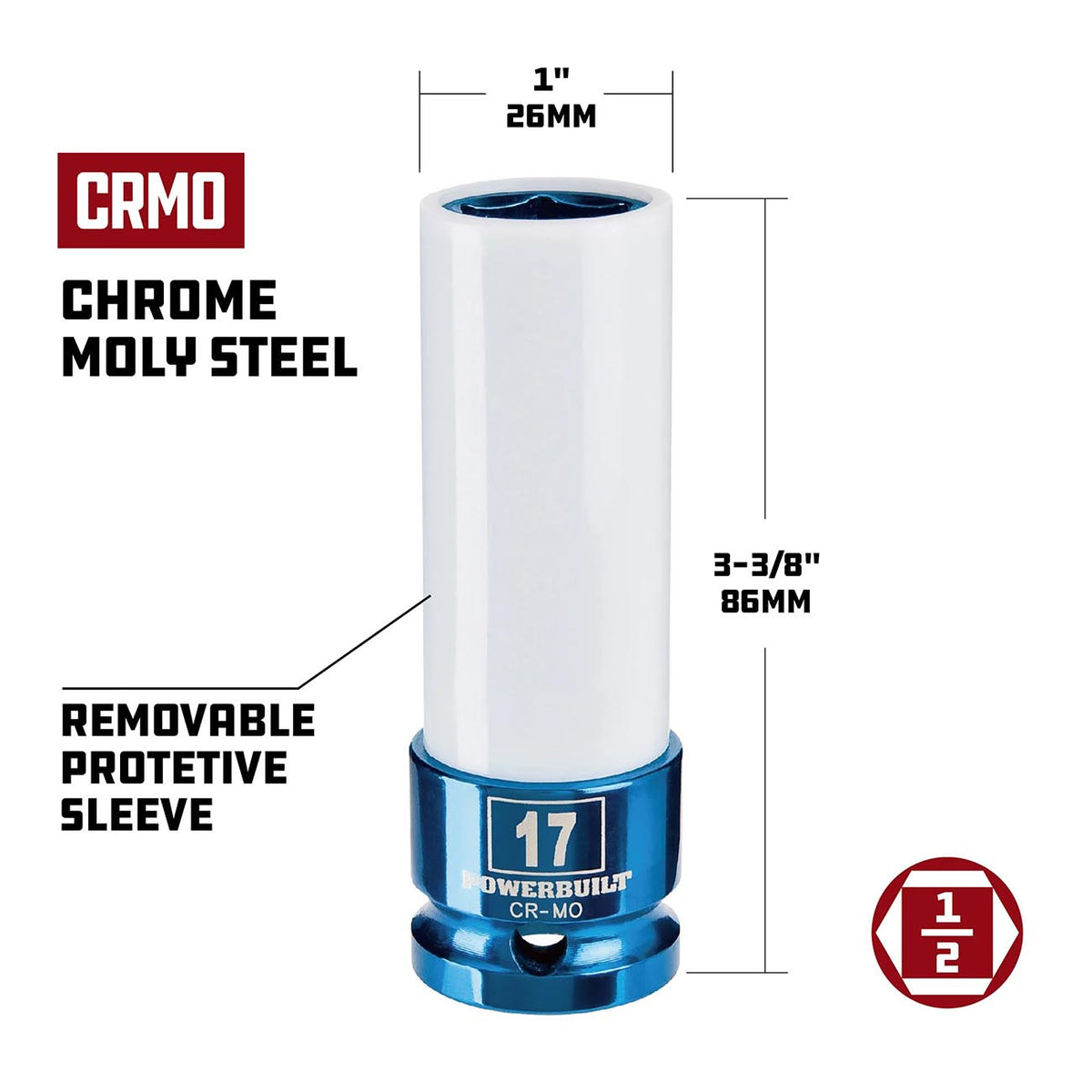 PowerBuilt 17MM Thin Wall Color Lug Nut Socket - 1/2" Drive