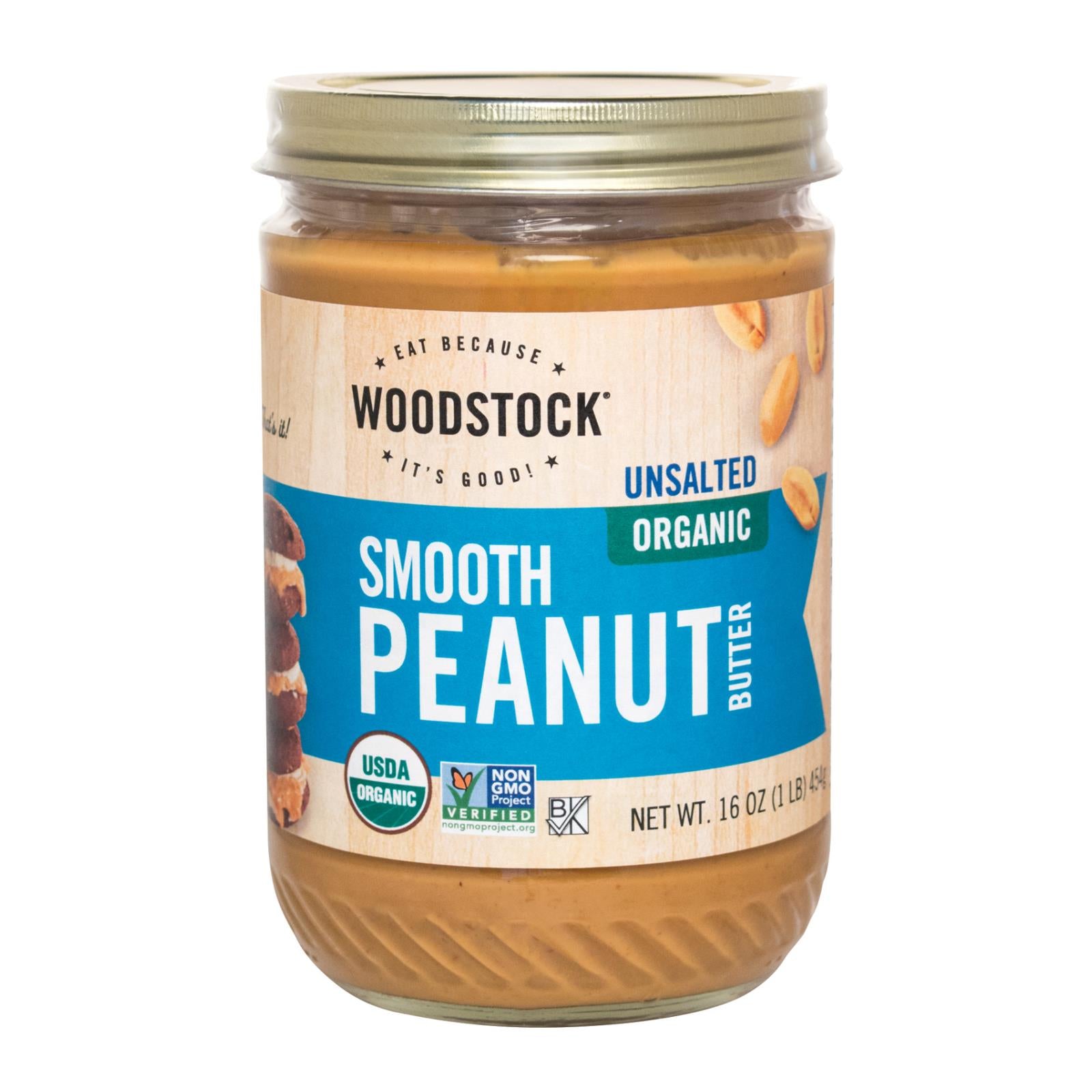 Woodstock Organic Peanut Butter - Smooth - Unsalted - Case of 12 - 16 oz.