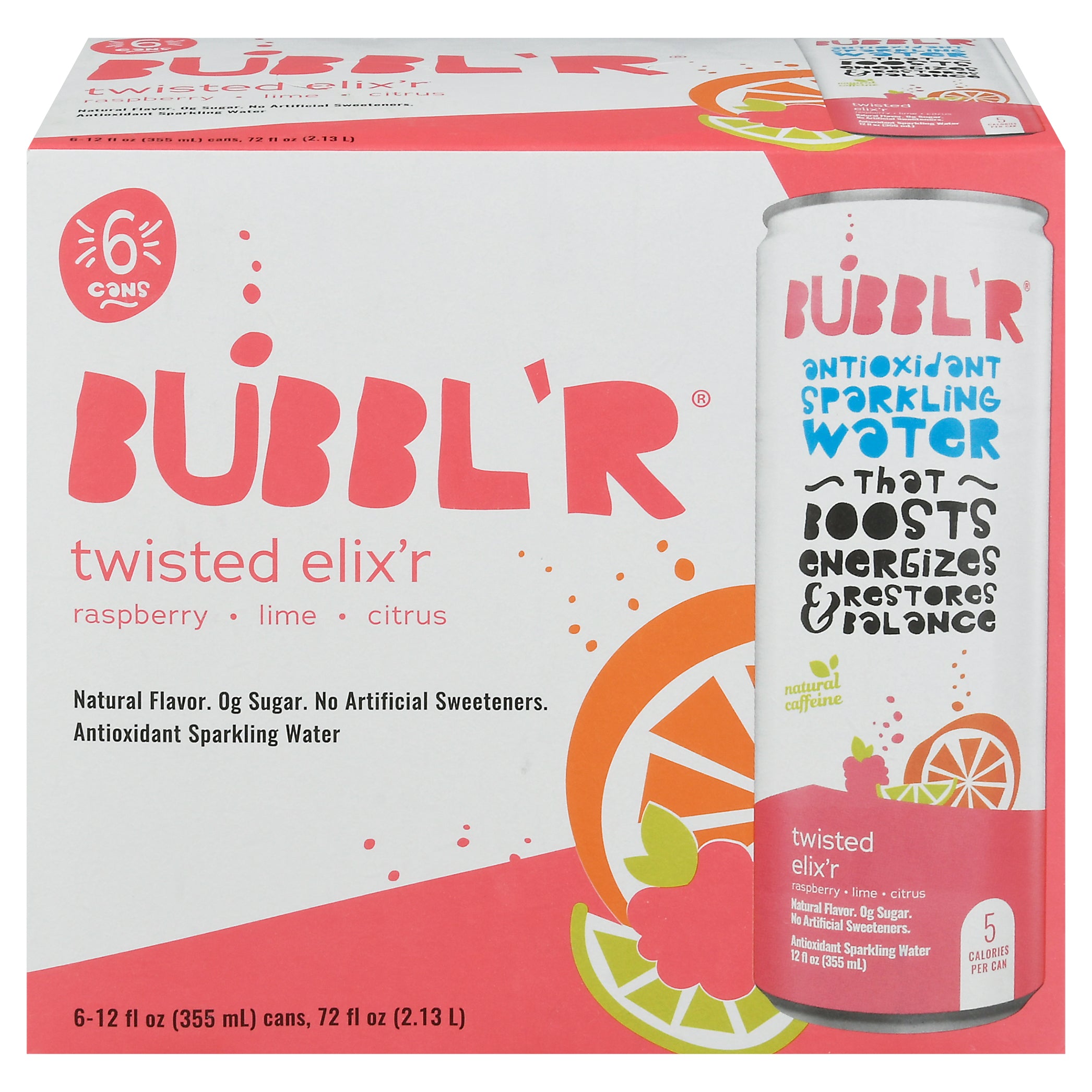 Bubbl'r Twisted Elix'r Antioxidant Raspberry/Lime/Citrus Sparkling Water 6 - 12 fl oz Cans - Case of 4