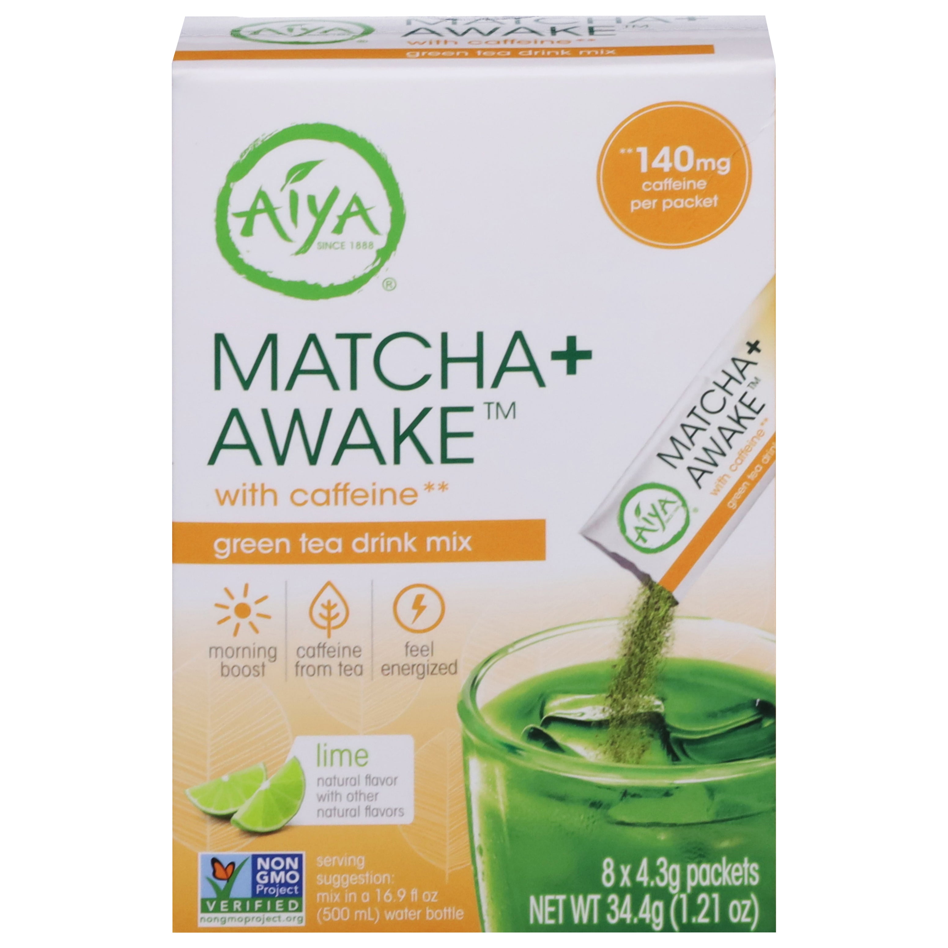 Aiya Matcha + Awake Lime Green Tea Drink Mix with Caffeine 8 - 4.3 g Packets - Case of 6
