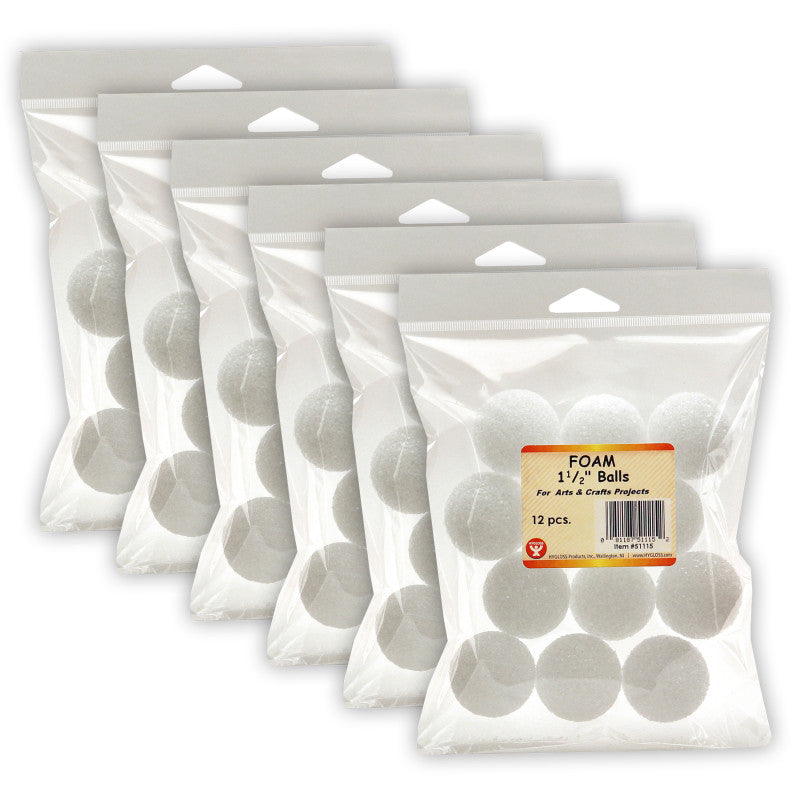 HYGLOSS - Craft Foam Balls, 1-1/2 Inch, White, 12 Per Pack, 6 Packs