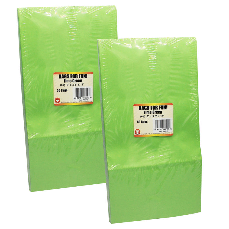 HYGLOSS - Gusseted Paper Bags, #6 (6" x 3.5" x 11"), Lime Green, 50 Per Pack, 2 Packs