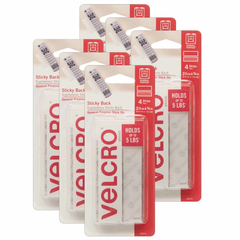 VELCRO - Sticky Back™ Strips, 3/4" x 3-1/2", White, 4 Per Pack, 6 Packs